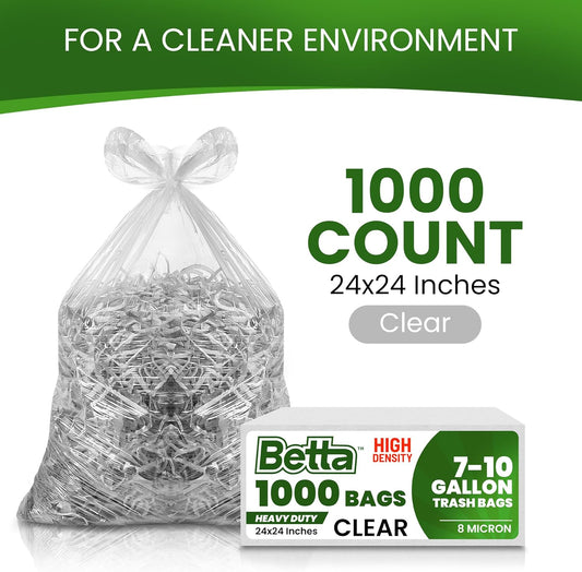 Betta 8-10 Gallon Medium Trash Bags, Clear, 1000 Count Box, (24x24-inch) Commercial Office Wastebasket Garbage Can Liners, 7-10 Gallon Round Cans, 6-8 Gallon Slim and Square Cans