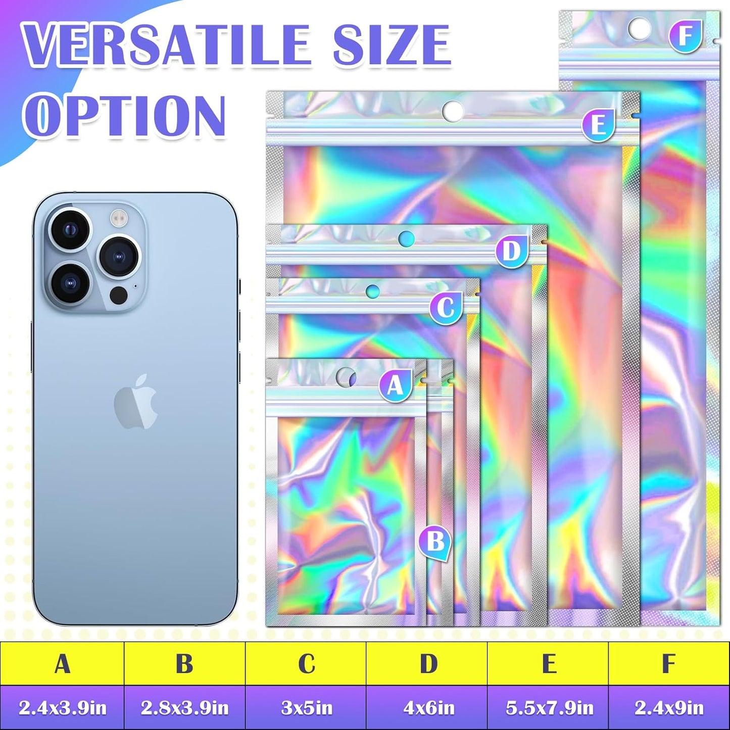 100 Pcs Holographic Mylar Bags, Smell Proof & Resealable Bag for Small Business, Freshie Bags, Sample Bag, Small Baggies Foil Pouch for Candy, Jewelry, Bracelet, Mothers Day Gift (3x5in)