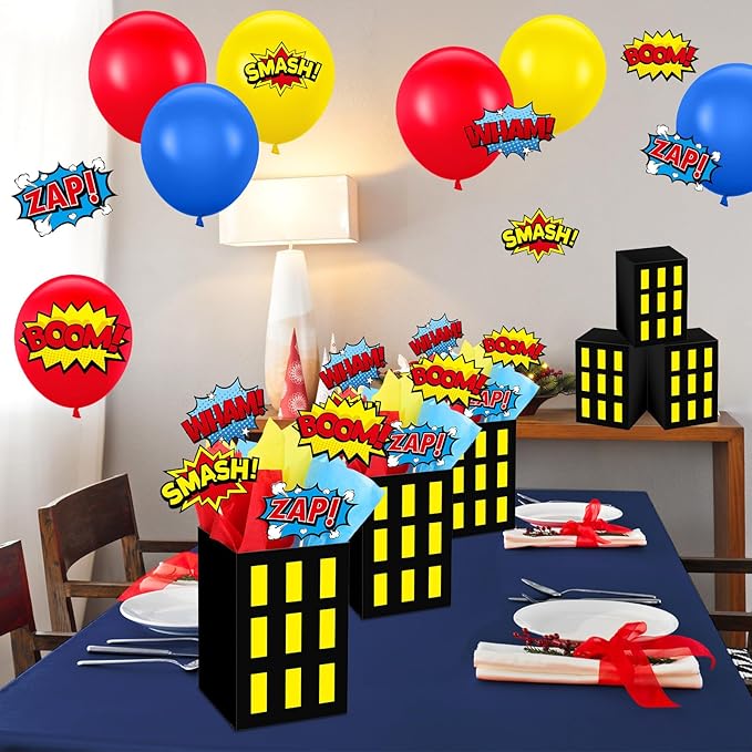 4 Sets Hero Theme Party Decoration Hero Boxes Centerpiece (7.9 x 5.1 x 5.1 Inch) Sticks with Tissue Paper Standing Cards Birthday Baby Shower Party Supplies (Yellow)