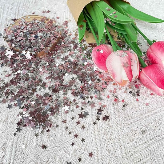 WEIKA 60g Star Confetti Glitter Star Table Confetti, Metallic Foil Star Glitter, Table Decorations for Party Wedding birthday graduation Decorations(Glitter Rose Gold and Silver Set, 10mm and 6mm)
