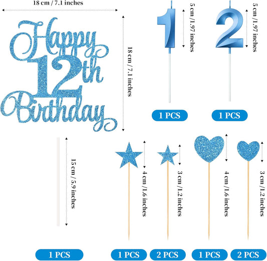 12th Birthday Cake Decorations, 12th Birthday Candles Cake Numeral Candles and Glitter Happy 12th Birthday Cake Toppers Set for Birthday Party Supplies (Blue)