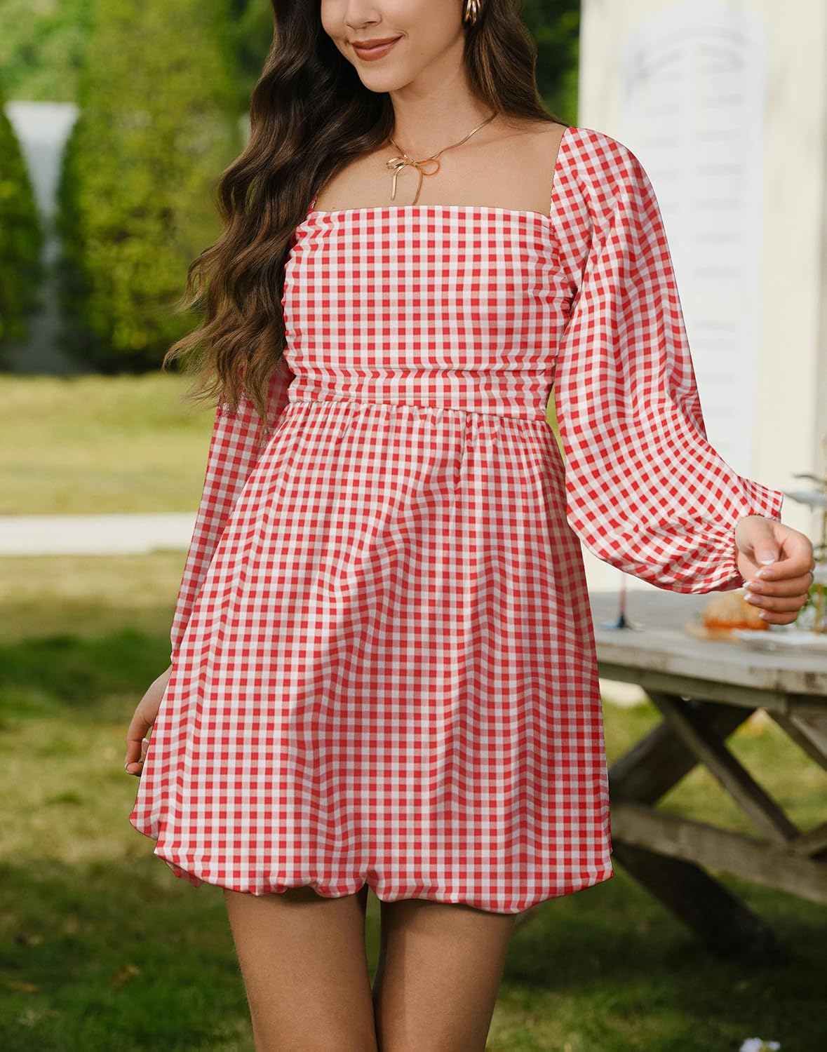 HYPERFIRE Women's Square Neck Pleated Long Sleeve Mini Dress Smocked A Lind Bubble Wedding Dresses