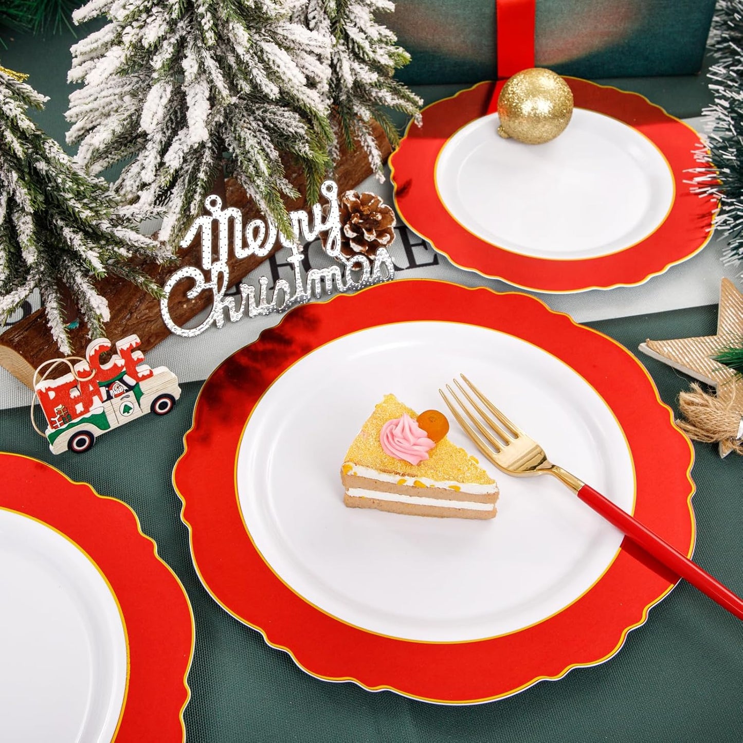 WDF 60pcs Red Christmas Plastic Plates with Gold Rim - 10.25inch Red Dinner Plates Disposable Plates Table Decor for Christmas