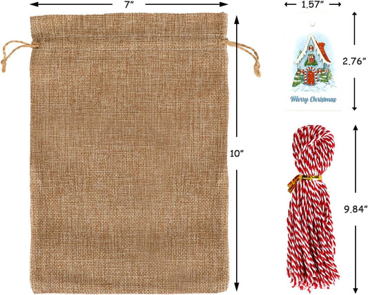 Tapleap Burlap Bags with Drawstring, 7x10 Inches Burlap Sack with Christmas Tags and String (Lot of 50) for Wrapping Christmas Gifts, Party Favors for Coworker, Classmates, Children or Neighbors