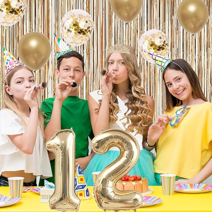 Trgowaul 12th Birthday Decorations for Girls, Banner, Sash and Crown, Cake Topper, 12 Number Balloon, Fringe Curtains, Champagne Gold 12th Birthday Party Supplies