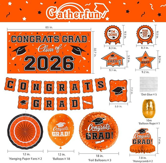 Orange Themed 2026 Graduation Decorations Set - Congrats Grad Banner, Class of 2026 Backdrop, Balloons & Streamers Kit - Complete Party Supplies for High School & College Celebrations