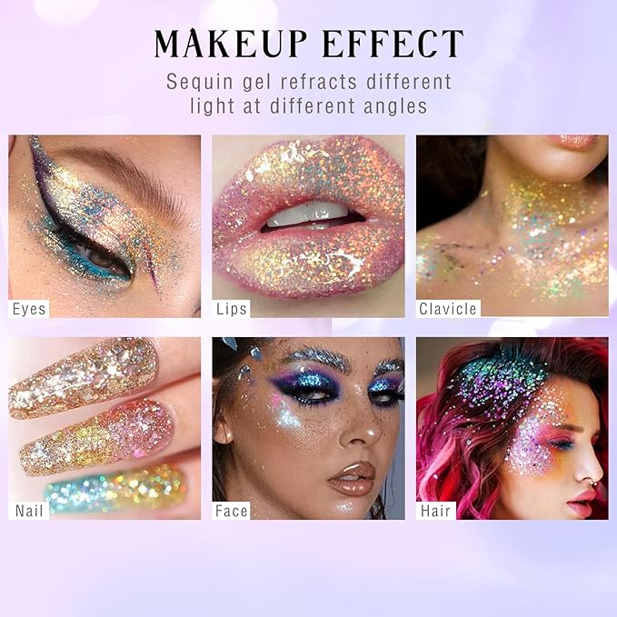 HOSAILY Roll-on Holographic Body Glitter Gel for Face Hair, Chameleon Color Changing Glitter Gel Under Light, Chunky Mermaid Sequins Festival Party Rave Accessories Shimmer Makeup (11# Mermaid)