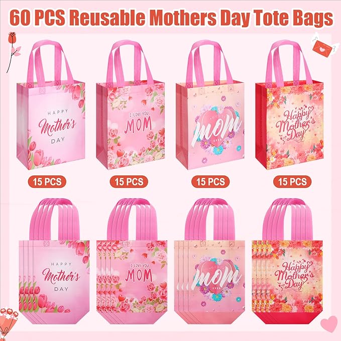 Wesnoy 60 Pcs Mother's Day Gift Tote Bags Bulk 10 x 8 x 4 Inch Reusable Floral Non Woven Gift Wrap Goodie Treat Bags with Handle Happy Mothers Day Party Favors for Mom Grandma Shopping Party Supplies