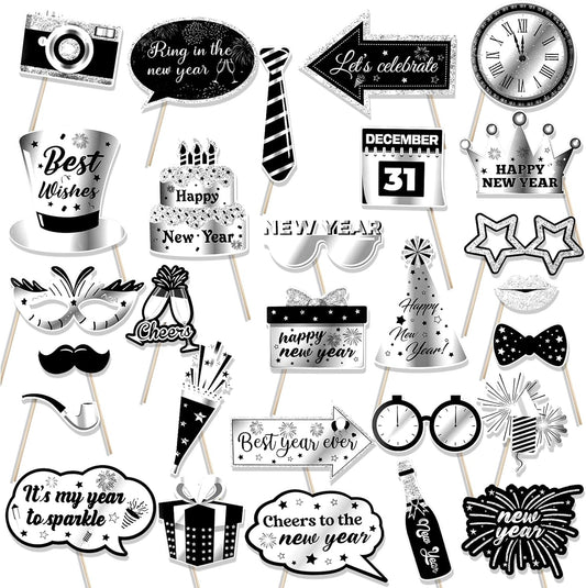 HOWAF 30pcs Happy New Year Photo Booth Props with Photo Frame, 2026 Black Silver New Year Decoration Photo Props,New Years Props for NYE Party, 2026 NYE Cheers to The New Year Selfie Props
