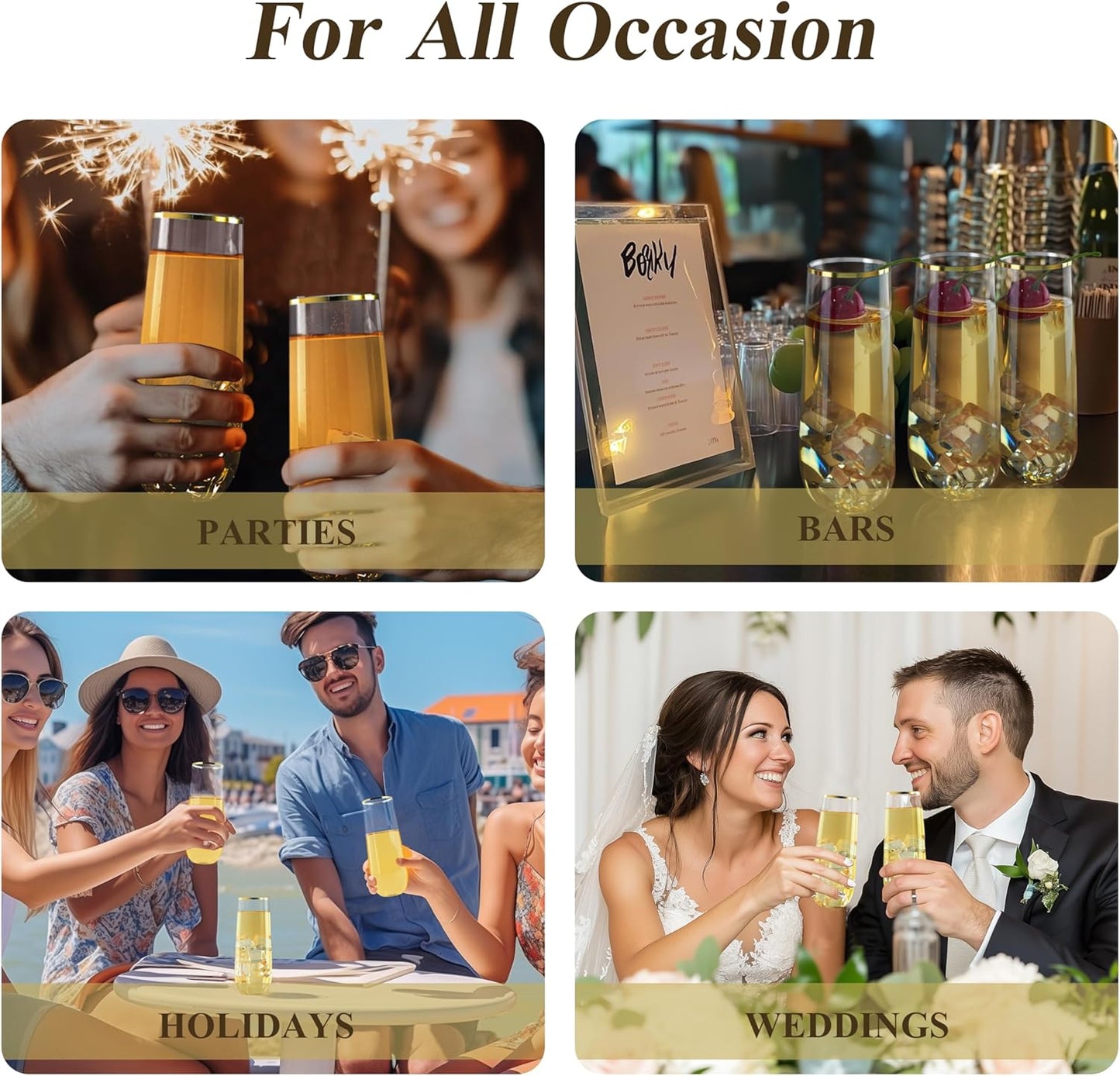 24 Pack 9 oz Stemless Plastic Champagne Flutes, Clear Disposable Champagne Glasses Gold Rim, Shatterproof and BPA-Free Drinkware for Party & Graduation & Wedding