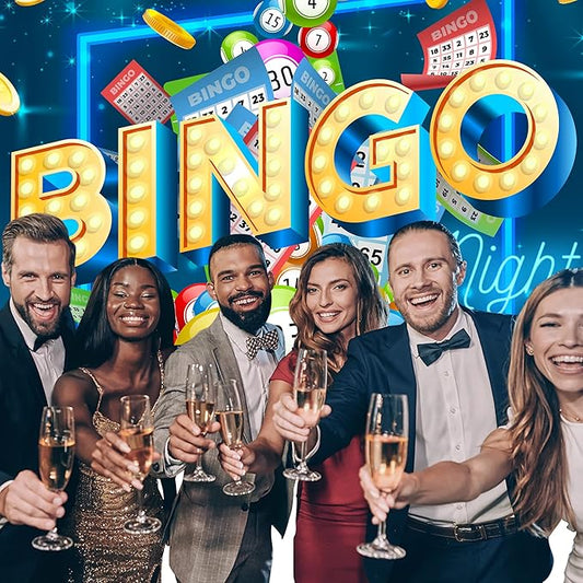 Homewelle Bingo Night Backdrop 8Wx6H Feet Polyester Fabric Snooker Game Time Decoration Cards Coins Contest Winning Ball Gaming Party Colorful Adults Man Cool Photography Background Photo Shoot Props