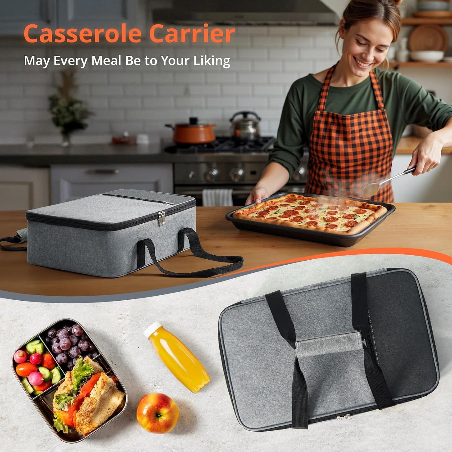 Insulated Casserole Carrier for Hot or Cold Food,Pie Carrier Bag Lunch Tote for Potluck Parties/Picnic/Cookouts, Fits 9"x13" Baking Dish,Single Grey
