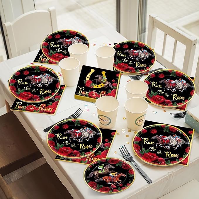 OBUSATT 96PCS Run for The Roses Party Supplies Horse Racing Paper Disposable Plates Napkins Forks Derby Party Decorations Dinnerware Set for Horse Theme Birthday Favor Tableware Serves 24