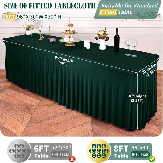 2 Packs Emerald Green Stretch Table Skirts for 8 Foot Rectangle Table, Washable Spandex Stretch Tablecloths with Skirt, Wrinkle Resistant Fitted Tablecover for Wedding Party Banquet