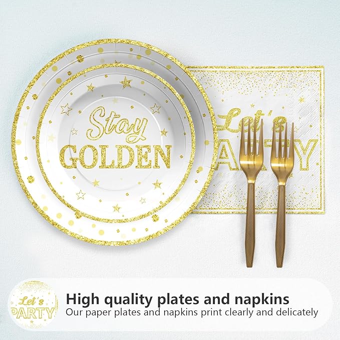 96Pcs Golden Birthday Party Decorations White Gold Plates and Napkins Disposable Stay Golden Paper Tableware Set for Women Men Happy Birthday Party Supplies, Serves 24