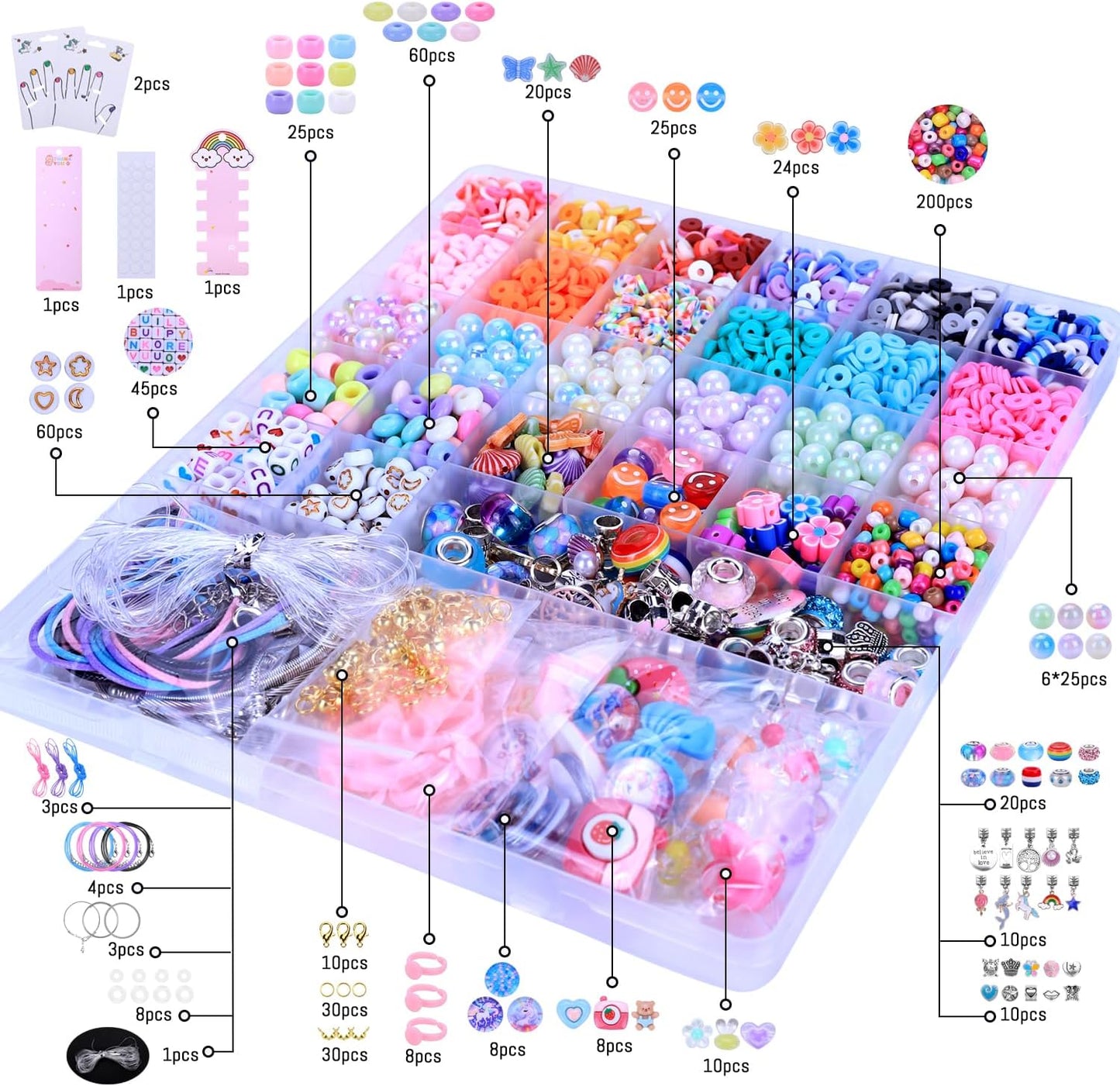 AIPRIDY 3200 Pcs Unicorn Jewelry Activity Kit,Clay Beads Bracelet Making Kit,Flat College Style Beading for Friendship Jewelry Making,Crystal Time Gem Ring Gifts,DIY Crafts for Teen Girls(Pink)