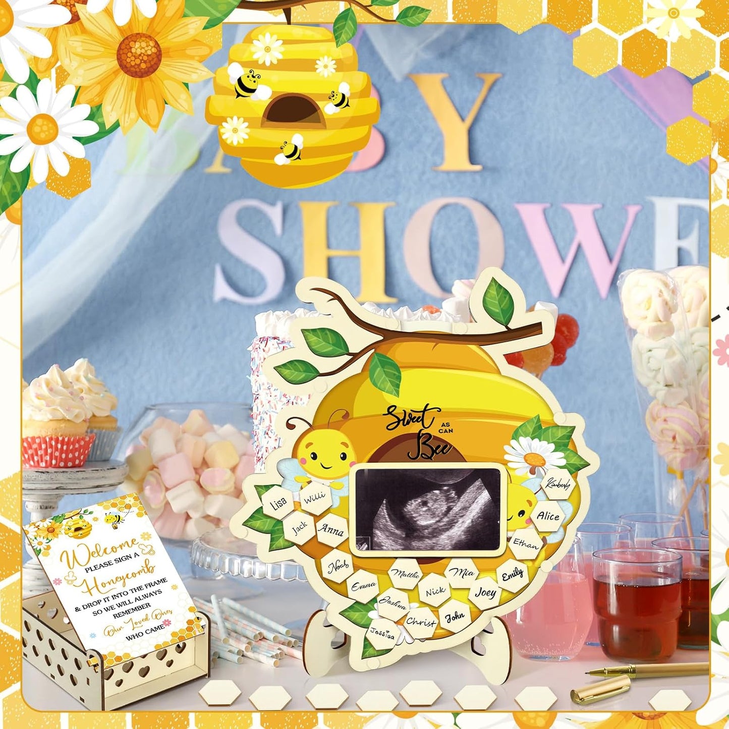 Wenqik 63 Pcs Bee Baby Shower Guest Book Alternatives Set Baby Shower Decorations with Photo Frame Sonogram Frame Keepsake 60 Wood Slices Guest Book for Birthday