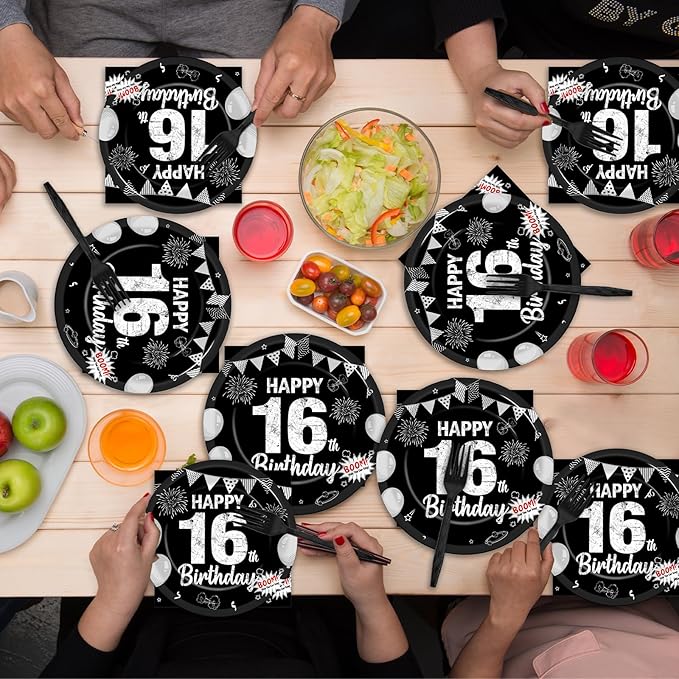 96PCS 16th Birthday Party Paper Plates and Napkins Black Silver 16th Birthday Supplies for Boys and Girls Disposable Dessert Plates Happy 16 Year Old Party Kids Birthday Gatherings Decorations