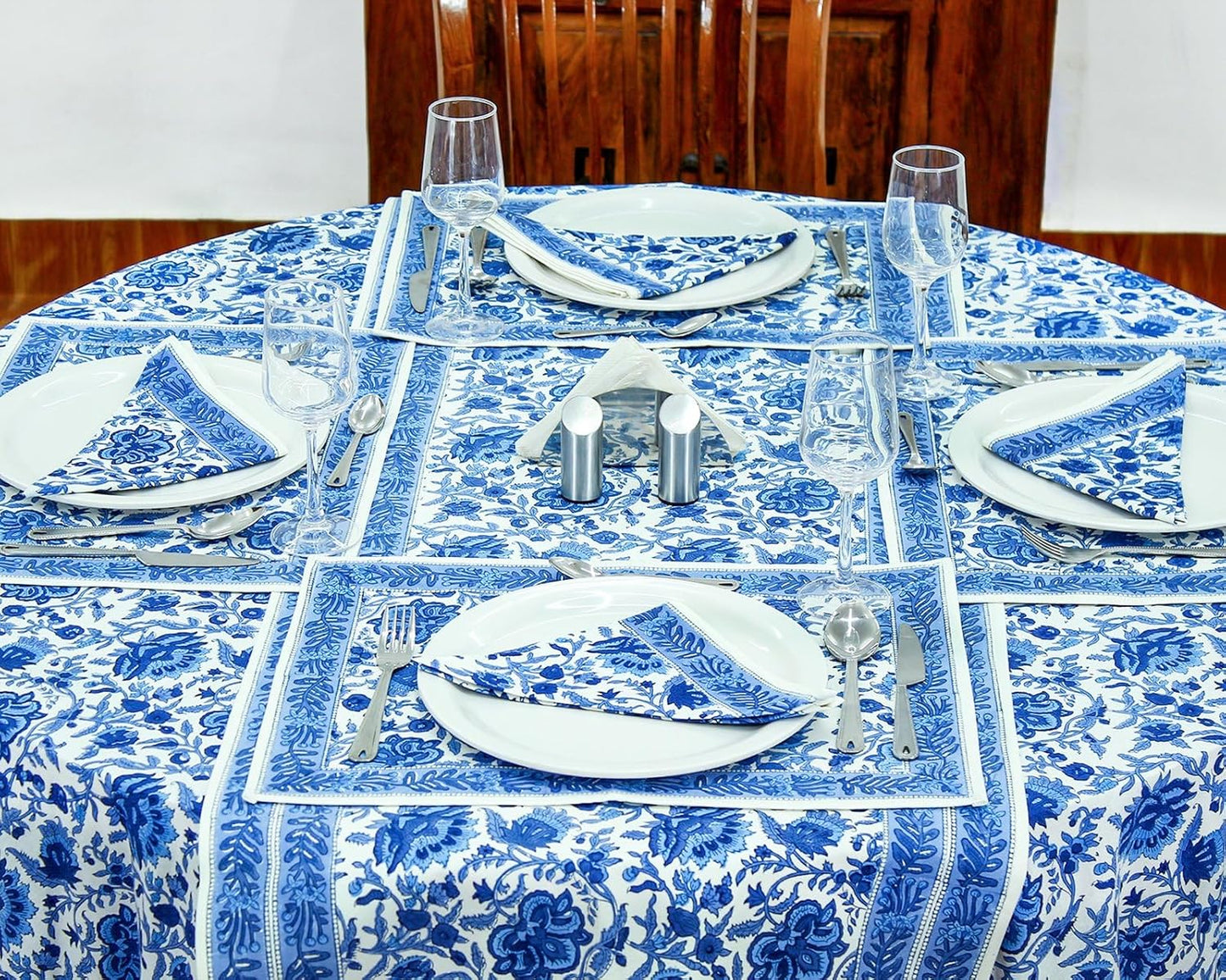 90 Inches Round Hand Block Printed Cotton Tablecloth, Blue White Floral Table Cloths Washable, Indian Table Linen for Dinning Home Decor Autumn Outdoor Thanksgiving Gifts 6 Seater