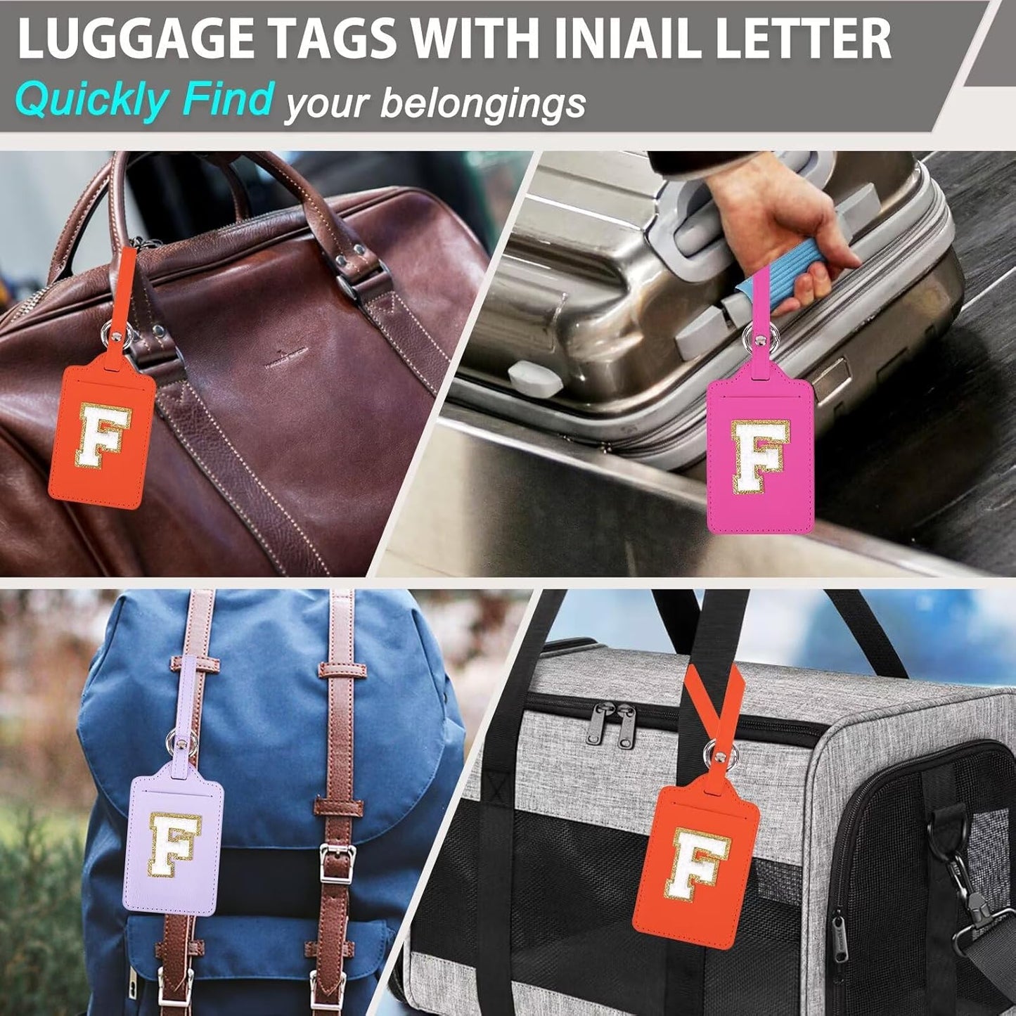 Personalized Initial Luggage Tags for Suitcases, Leather Chenille Letter Cute Luggage Tags with Privacy Name Card, Embroidered Travel Bag Backpack Tags Gifts for Women Kids Girls Teens(Purple-F)