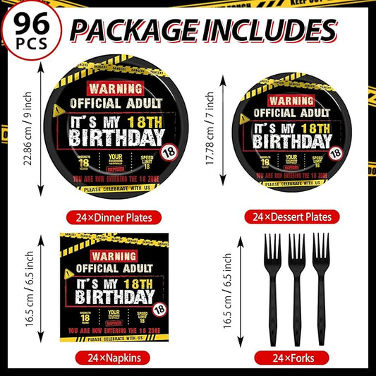 96 PCS Caution Logos 18th Birthday Party Paper Plates and Napkins 18 Years Old Party Decoration Warning Themed Official Adult 18th Dinnerware for Boys Girls 18 Year Old Birthday Gatherings Decorations