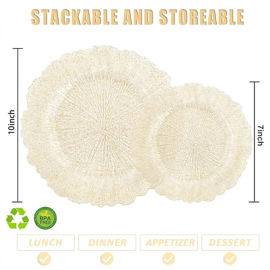 U-QE 60PCS Gold Plates for Party - Gold Plastic Plate Disposable&Reusable - Gold Glitter Heavy Duty Plastic Plates for Party&Wedding Including 30 Dinner 10" & 30 Dessert Plate 7"