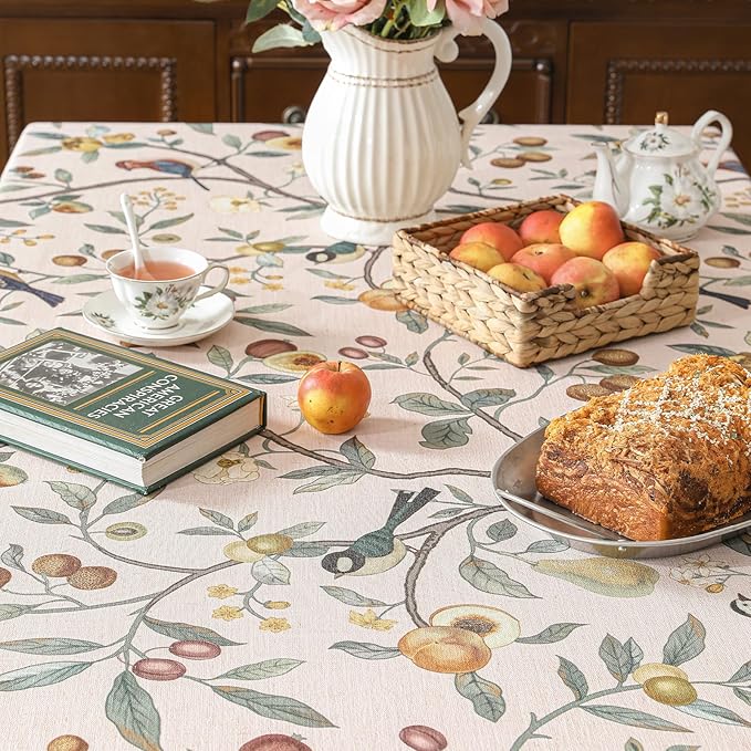 Linen Table Cloth Rectangle,Wrinkle Resistant French Pink Tablecloth Print with Froal,Decor Stitch Table Cloth for Thanksgiving,Dining Room,Home,Kitchen 63" × 87"-Dewey A