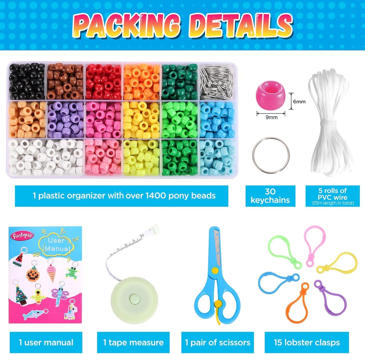 Funtopia Beads for Crafts, Pony Keychain Making Kit, Pets Art Crafts for Kids Beginners, Birthday Party DIY Craft for Girls Boys (1500 Beads, 30 Designs)