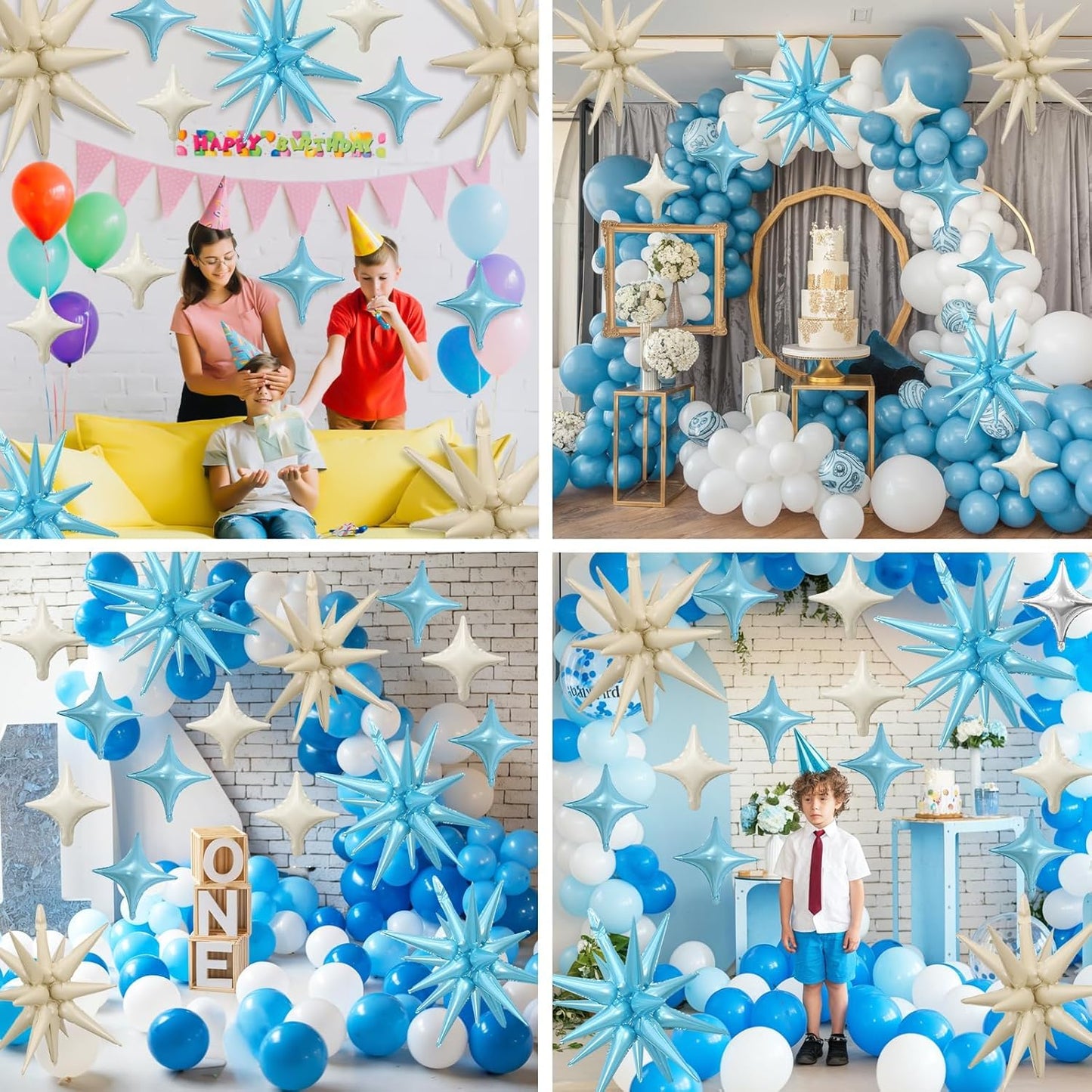 Blue White Star Balloon,Sand White Blue 6Pcs 22Inch Explosion Star Balloons and 10Pcs 10Inch Four Angle Balloons Kit for Birthday Anniversary Baby Shower Wedding Party Decorations