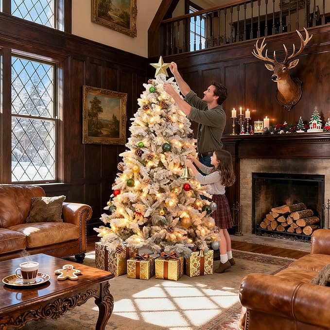 7Ft Prelit Christmas Tree,Snow Flocked Artificial Hinged Holiday Christmas Pine Tree,Xmas Tree w/400 LED Lights and 1500 Snow Flocked Branch Tips for Home,Office,Party Decoration