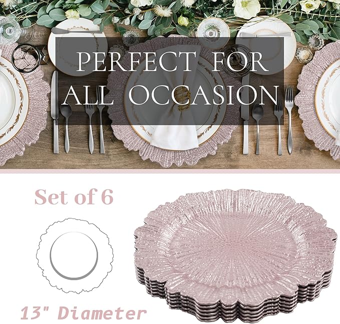 MAONAME Round 13" Reef Charger Plates, Pink Plate Chargers Set of 6, Plastic Chargers for Dinner Plates, Thanksgiving, Christmas, Wedding