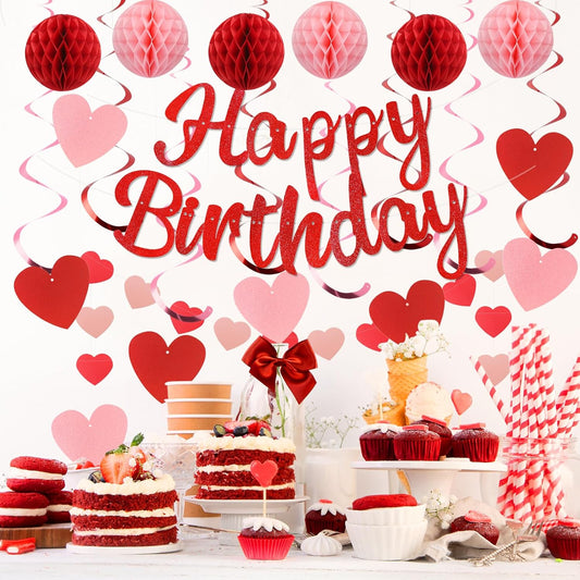 Birthday Decorations, NO DIY, Pre-Strung Happy Birthday Banner with Honeycomb Balls, Hanging Swirls, Circle Dots Garland, Happy Birthday Party Decorations for Women Men Boys Girls (Red)