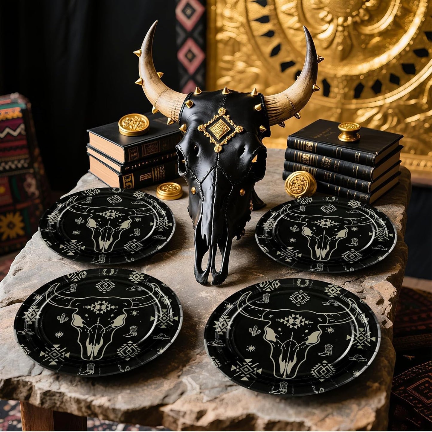 Grencian 50Pcs Bull Skull Decorations 9in Heavy Duty Disposable Western Cow Skull Desert Paper Plates For Southwestern Cowboy Party Supplies
