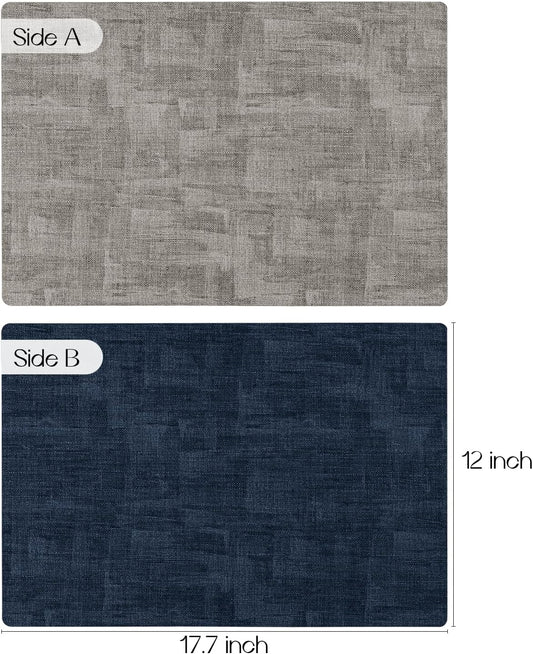 Romanstile Reversible Vinyl Placemats Set of 4, Faux Leather 100% Waterproof Oil-proof Wipeable Place Mats, Heat Resistant Dual Sided Table Mats for Kitchen/Dining/Party (Grey Nave Blue, 12 x 17 Inch)