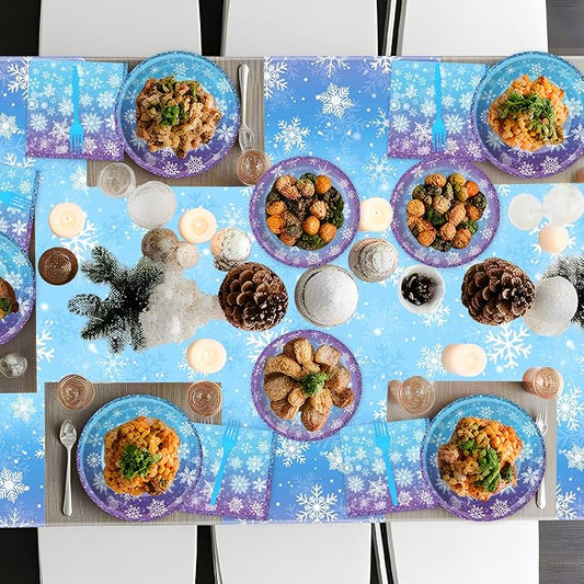 100 Pcs Frozen Plates and Napkins Sets - Snowflake Round Tableware, Disposable Winter Paper Dessert Plates and Napkins Forks for Christmas Winter Wonderland Party Supplies Table Decor, Serves 25