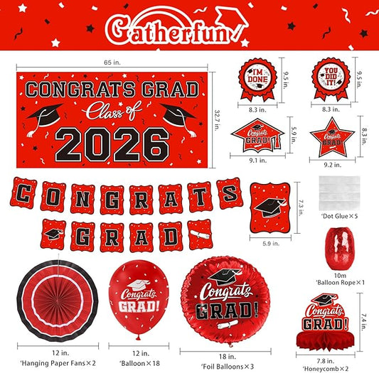 Red Themed 2026 Graduation Decorations Set - Congrats Grad Banner, Class of 2026Backdrop, Balloons & Streamers Kit - Complete Party Supplies for High School & College Celebrations