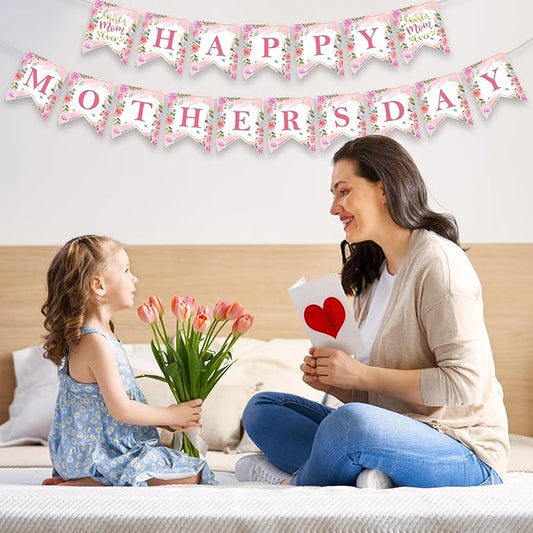 Happy Mothers Day Banner - Pink Mother's Day Decorations Banners, 2026 Best Mom Ever Sign Bunting Banner Garland for Mothers Days Home, Office, Fireplace, Wall Party Decor Supplies Favors Props