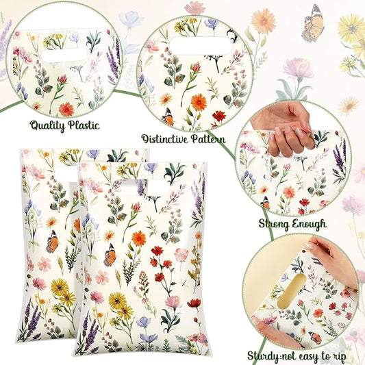 100 Pcs Wildflower Gift Bags Vintage Wildflower Party Favor Bag with Handle Plastic Goodie Candy Treat Gift Wrapping for Wedding Baby Shower Birthday Party Favors Supplies (Retro)