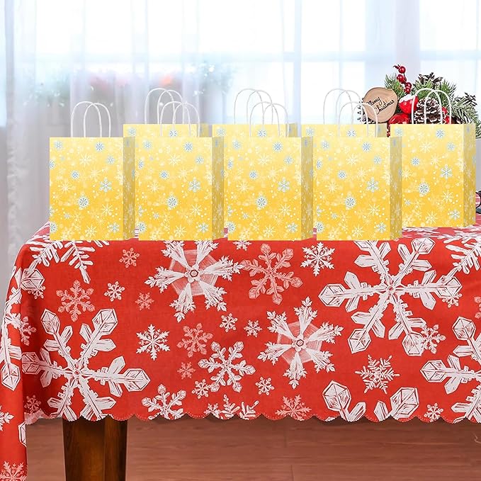 HongXingHai Christmas Gift Bags with Handles, 16 Pack Kraft Paper Bags with Snowflake Design, Reusable Holiday Party Favor Bags for Christmas, Winter Birthday, Wedding, Shopping, Small Gifts