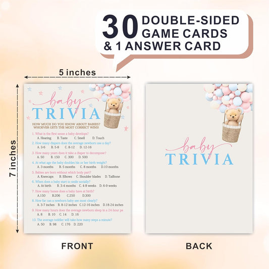 Baby Trivia Game Kit for Baby Shower, 30 Double-Sided Fill in Bear & Balloons Game Cards with 1 Answer Card for Girls Boys, Gender Reveal Game,Baby Shower Party Favors & Supplies - A27