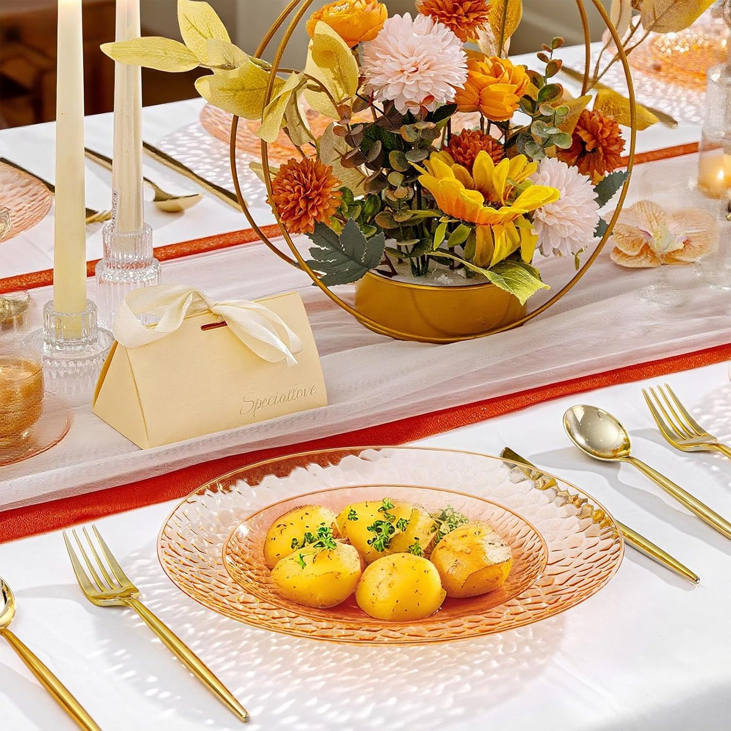 Rubtlamp 60Pcs Thanksgiving Plastic Plates, Orange Plastic Disposable Plates With Hammered Design, Orange Party Platos, Fancy Disposable Platos Include 30Dinner Plate,30Desssert Plate For Party