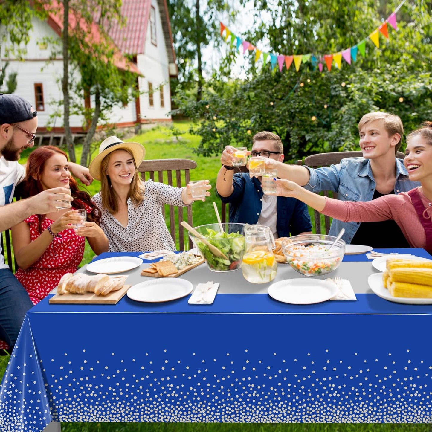 12Pcs Blue Silver Tablecloth Party Decorations,Plastic Royal Blue Table Cloth Printed Silver Table Runner Disposable Rectangle Tables Cover for Anniversary Wedding Graduation 2024 Party,54 x108 Inch
