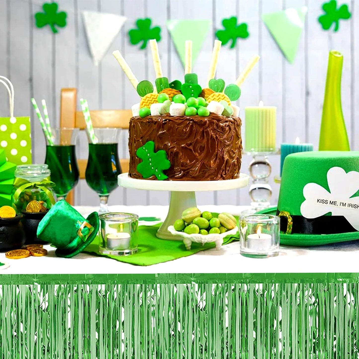 6 Pack 29x108 Inch Light Green Metallic Foil Fringe Table Skirts Banner for Tinsel Streamer Garland Curtains Backdrop for Parade Floats Baby Shower Birthday Christmas Halloween Party Decoration
