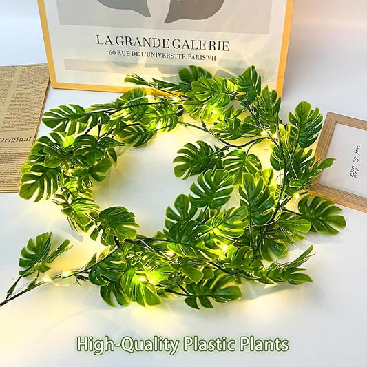 RECUTMS Artificial Monstera Leaf Vines Whit Light 2Pcs, 5.9FT Fake Hanging Ivy Plant Faux Tropical Palm Leaves Greenery Vine Garland Indoor Outdoor Garden Porch Patio Jungle Luau Birthday Party Décor