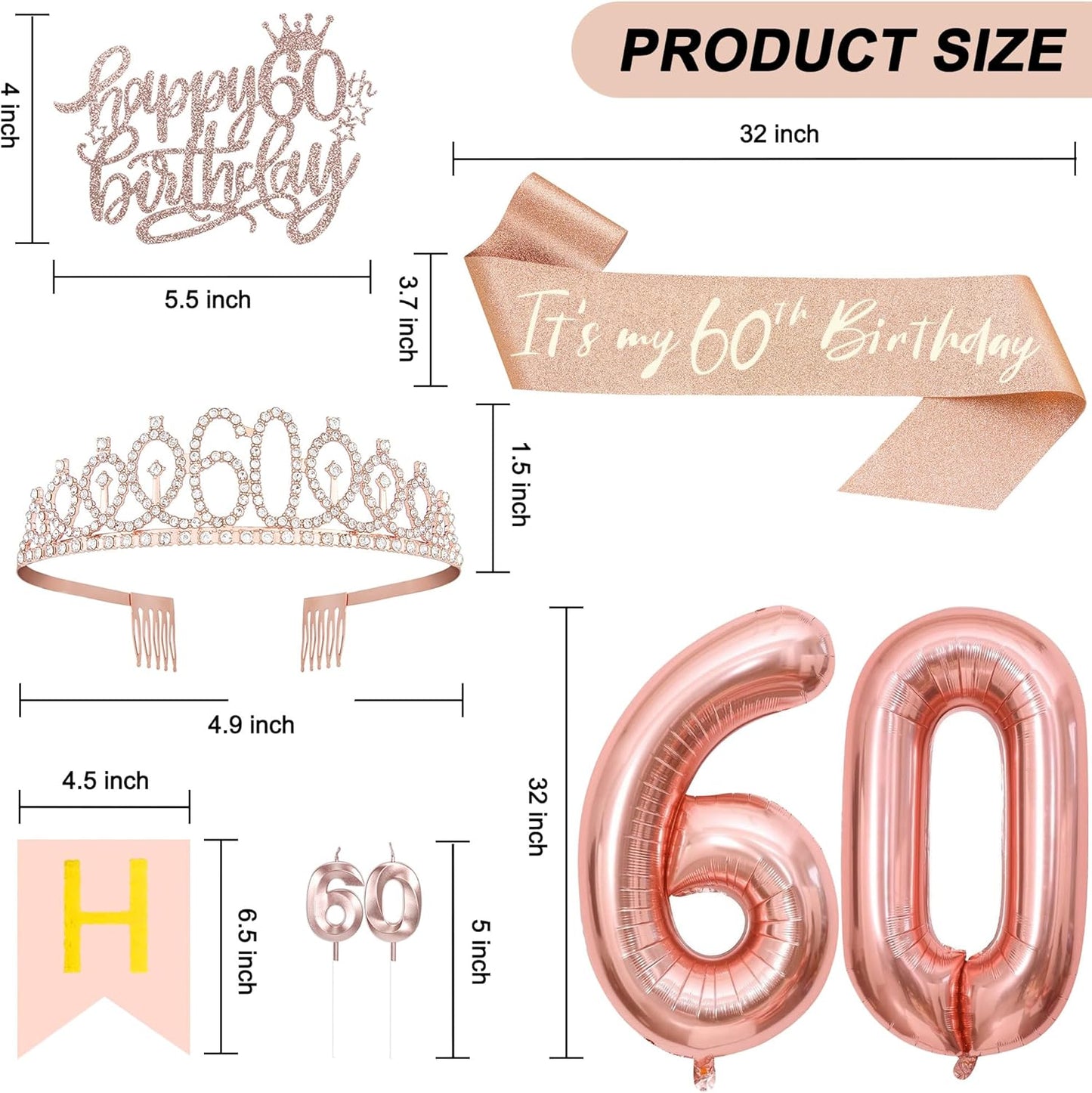 60th Birthday Decorations for Women, Including 60th Tiara and Sash, Happy Birthday Banner, Cake Toppers, Number Candles and Balloons Set, Rose Gold