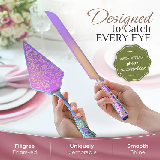 Orblue Wedding Cake Knife and Server Set - Premium, Beautifully Engraved Cutting Set - Elegant Keepsake for Newlyweds Multicolored