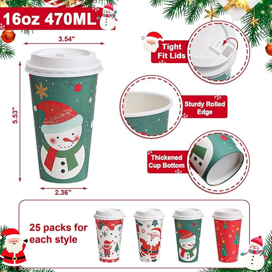 SIUQ 100 Pack 16 oz Christmas Disposable Coffee Cups with Lids, Thickened Christmas Paper Cups for Hot/Cold Beverage, Tea, Coffee, Hot Chocolate, Xmas Party Cups Ideal for Home, Cafes, Store, Holiday