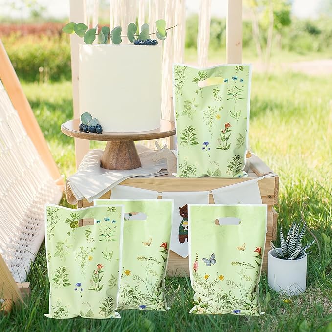 Herb Flower Party Favor Bags - 50Pcs Plastic Herb Wildflowers Candy Goodie Treat Gift Bag with Handles Rustic Farmhouse Floral Wedding Birthday Party Supplies Baby Shower Decor