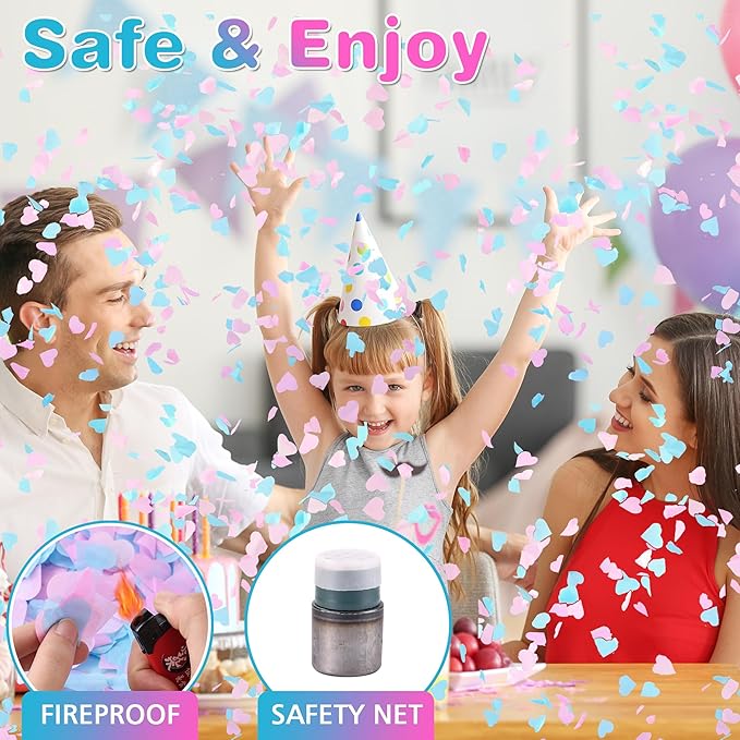 Gender Reveal Confetti Cannon, 2 Pack Pink and 2 Pack Blue, Biodegradable Confetti Paper with Cornstarch Powder, Confetti Blaster for Boy or Girl Gender Reveal, Party Poppers