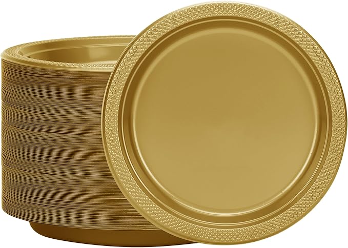 Hanna K. Signature Collection Gold Plastic Plates 7 Inch - 600 count Solid Round Party For Weddings, BBQs, Birthday Disposable Dessert (82970 (case))
